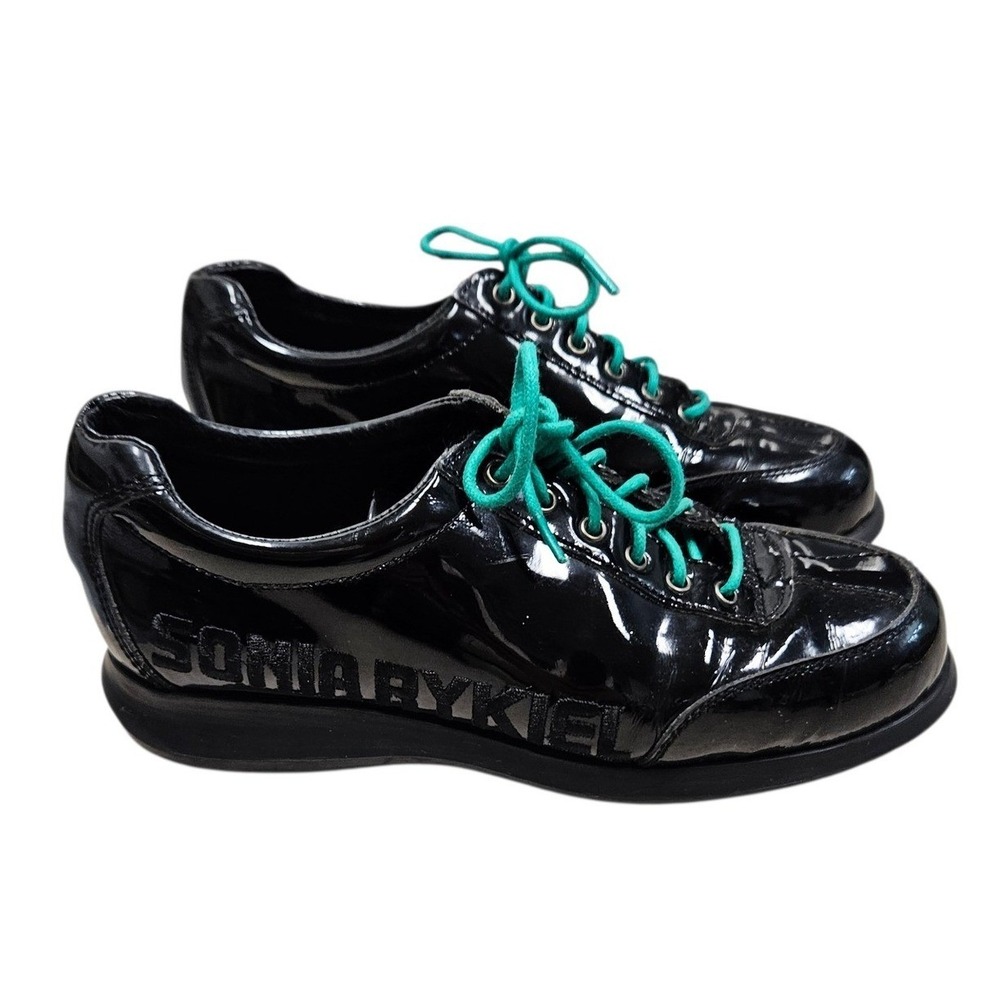 Sonia Rykiel Black Patent Leather Lace Up‎ Chunky Sneakers Teal Laces size 35